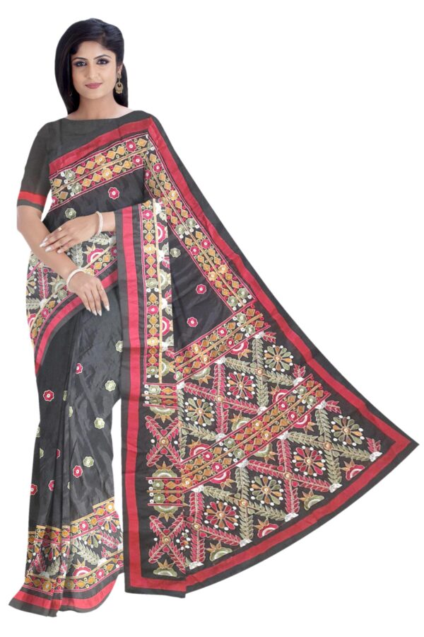 Kantha Stitched Silk Saree (Black)