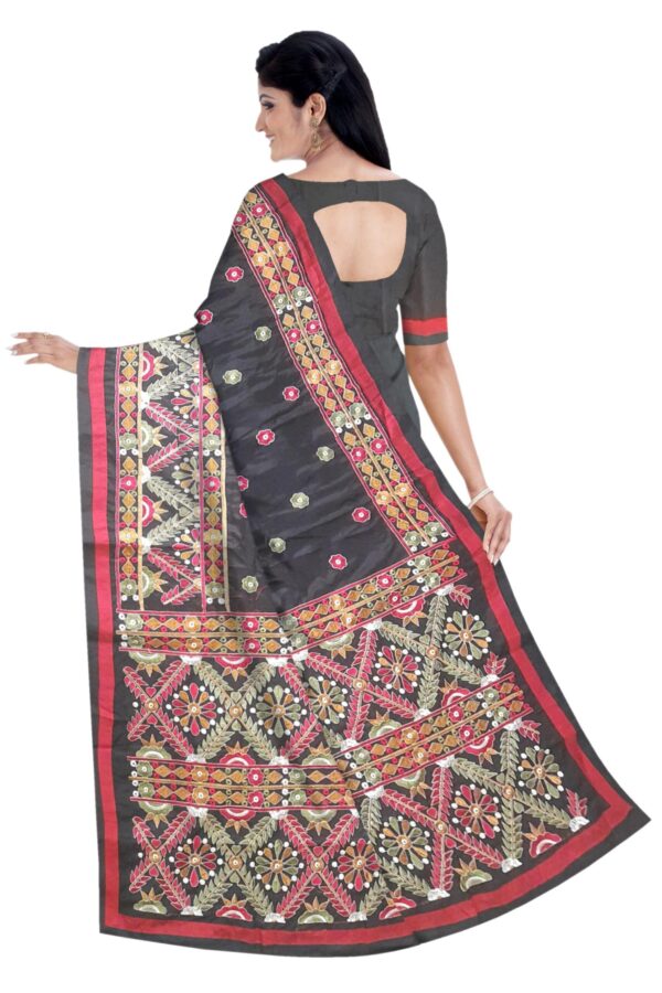 Kantha Stitched Silk Saree (Black) - Image 3