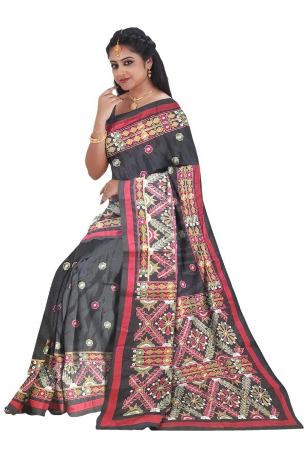 Kantha Stitched Silk Saree (Black) - Image 2