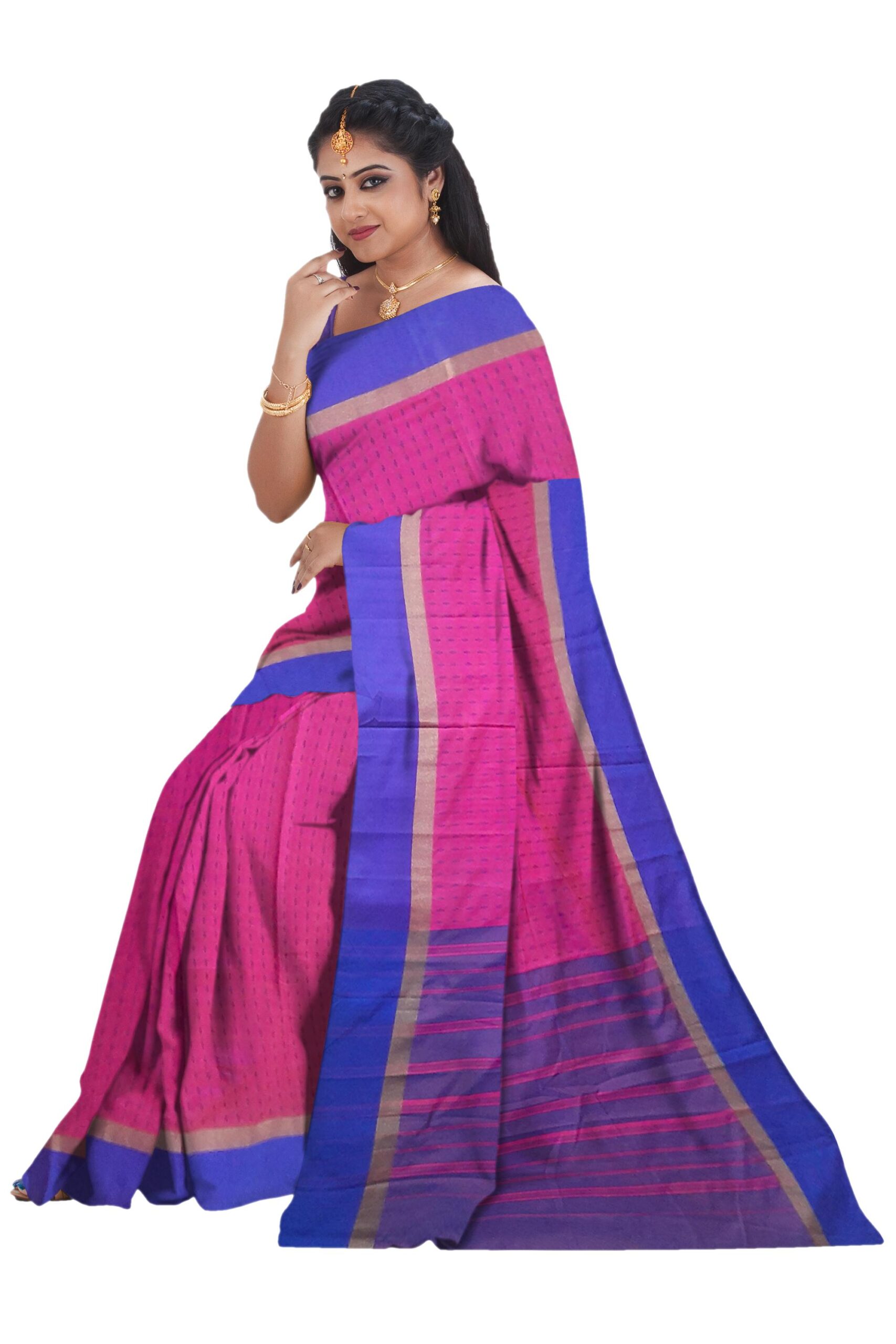 Pink - Blue Silk Saree - Image 3