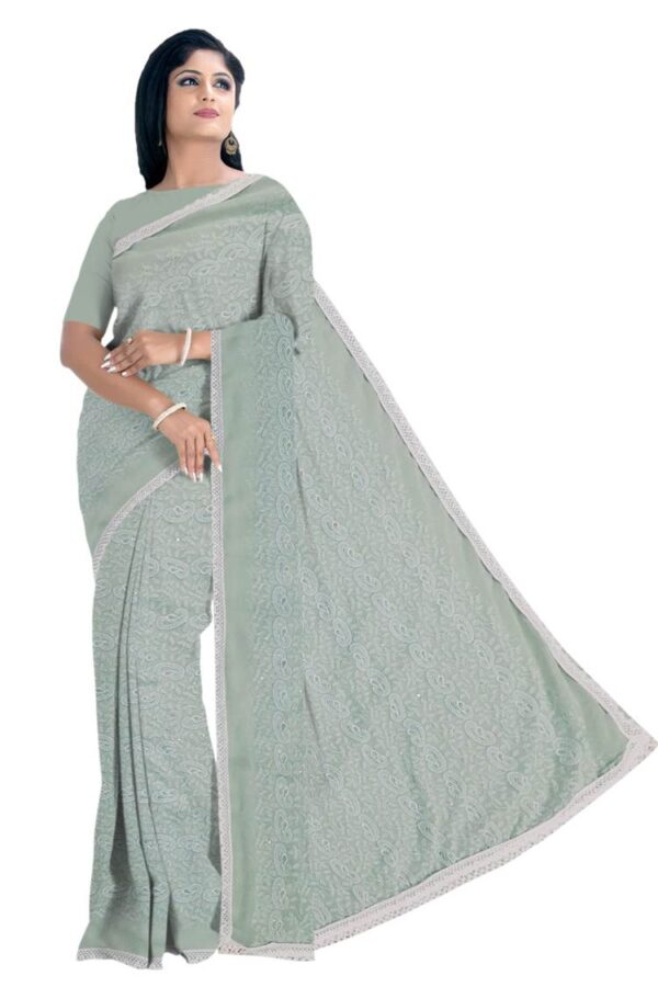 Olive Green Georgette (Chikankari) Saree