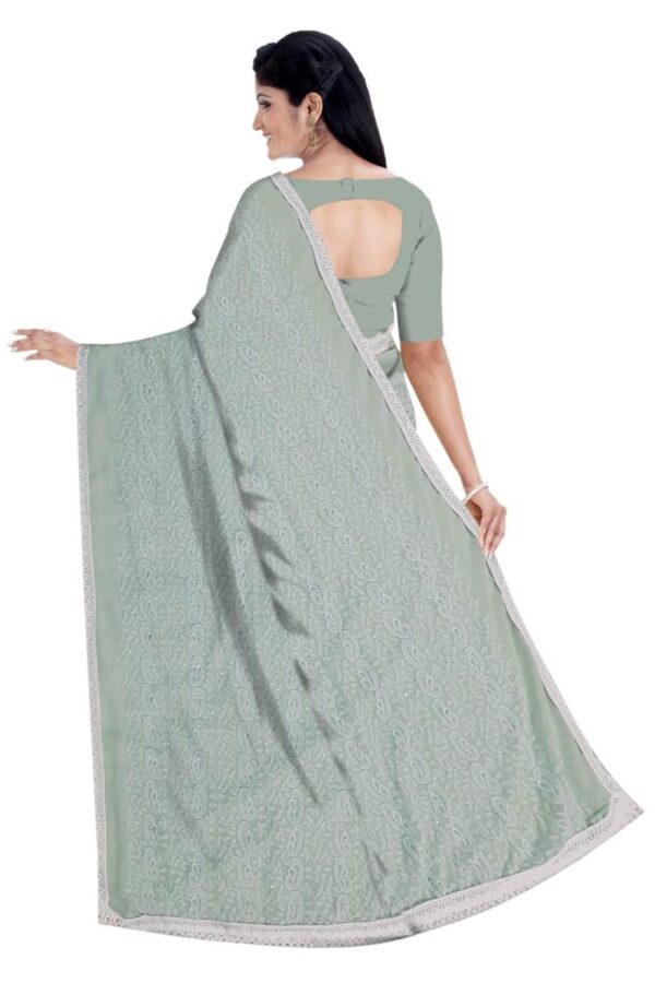 Olive Green Georgette (Chikankari) Saree - Image 3