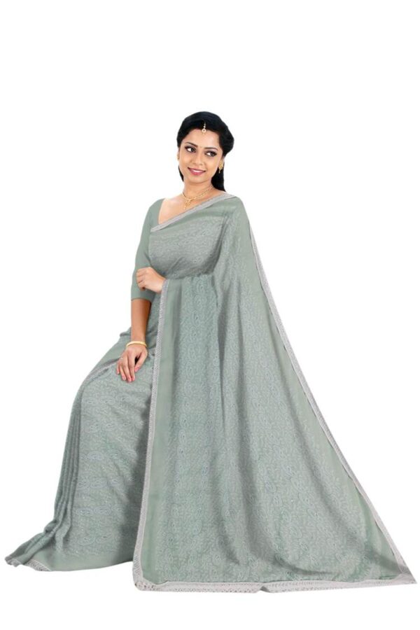 Olive Green Georgette (Chikankari) Saree - Image 2