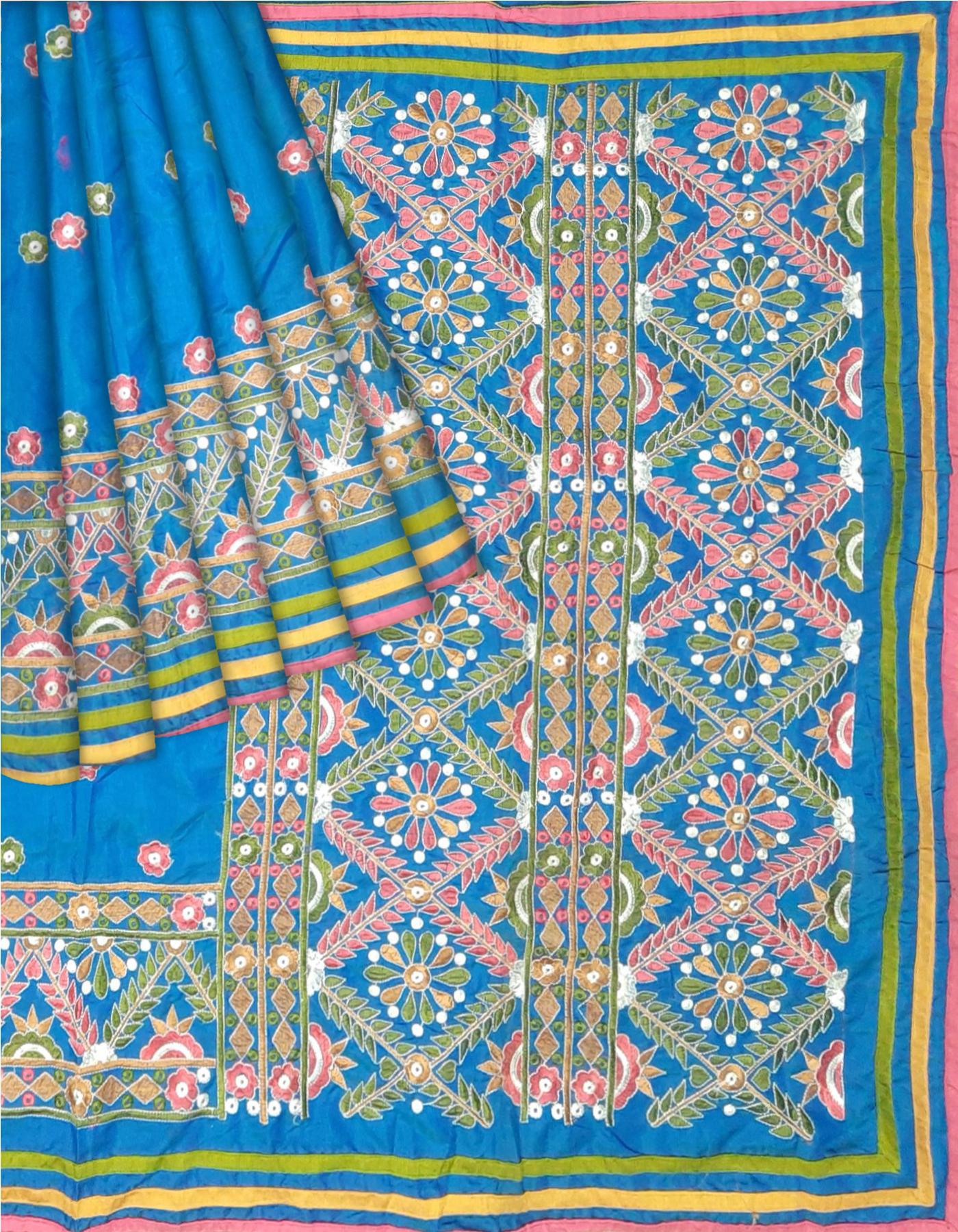 Kantha Stitched Silk Saree - Mayurkanthi - Image 6