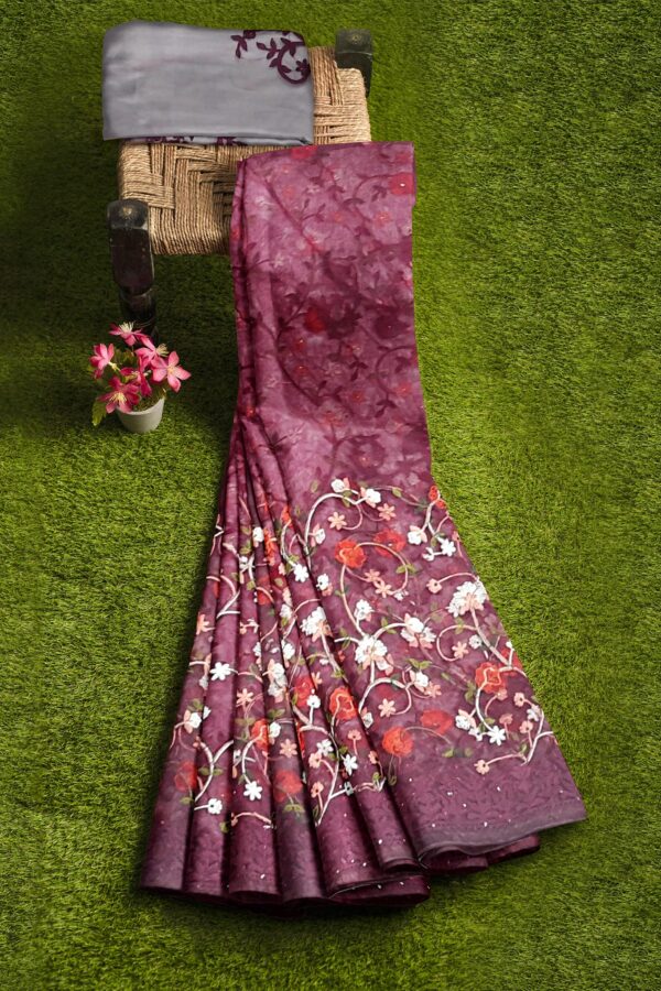 Purple Colored Net Saree - Embroidery - Image 5