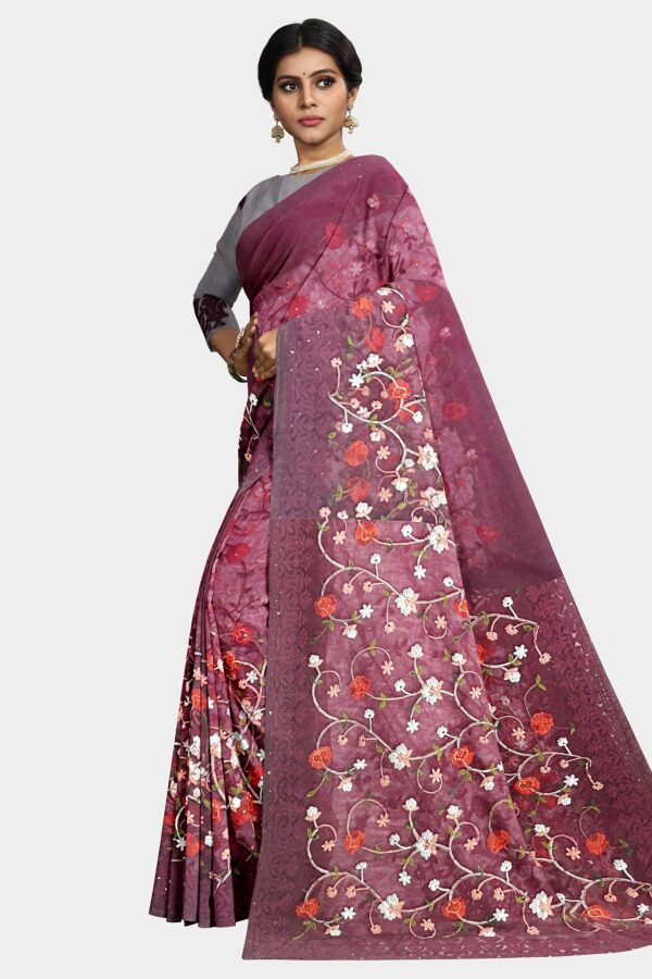 Purple Colored Net Saree - Embroidery - Image 4