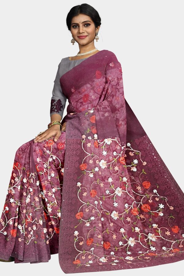 Purple Colored Net Saree - Embroidery - Image 3