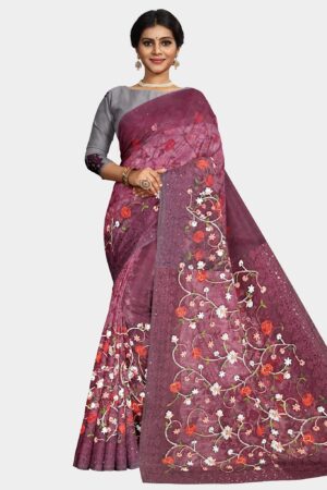 Purple Colored Net Saree - Embroidery