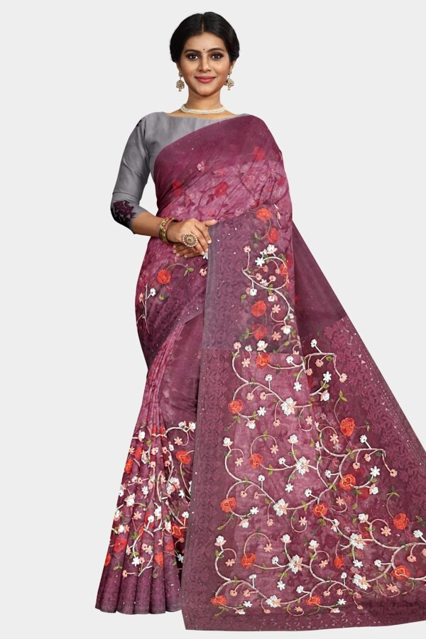 Purple Colored Net Saree - Embroidery