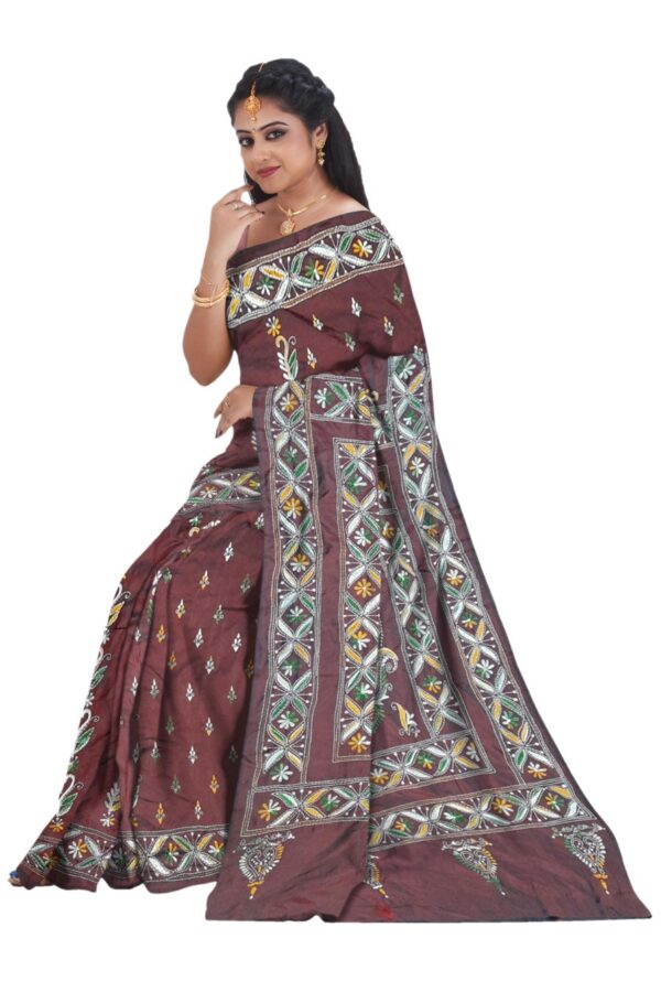 Dark Maroon Silk Saree - Hand Embroidery - Image 4