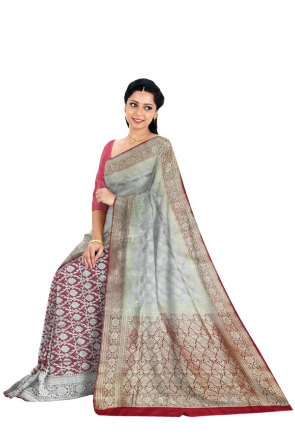White & Red Silk Saree - Image 5