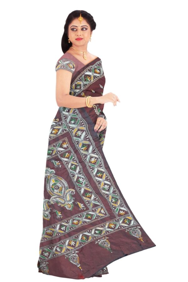 Dark Maroon Silk Saree - Hand Embroidery - Image 3