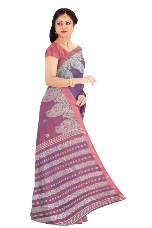 Pure Linen Benarasi Saree; Purple - Image 3