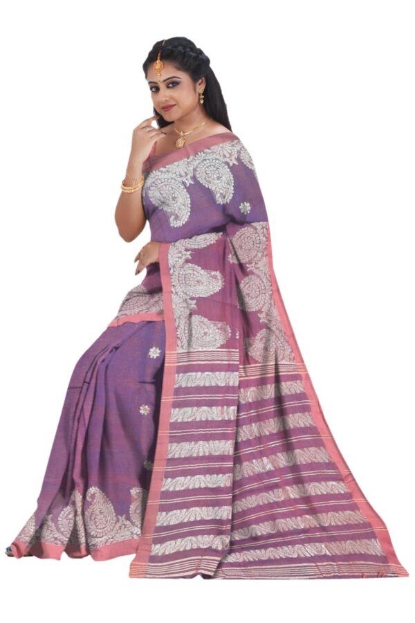 Pure Linen Benarasi Saree; Purple - Image 4