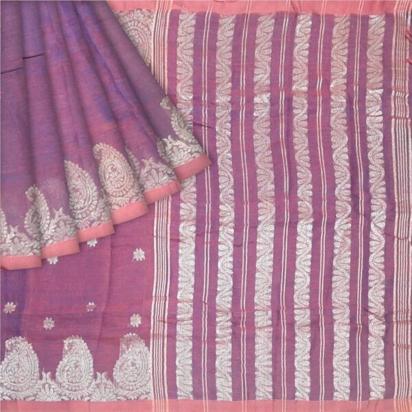 Pure Linen Benarasi Saree; Purple - Image 6