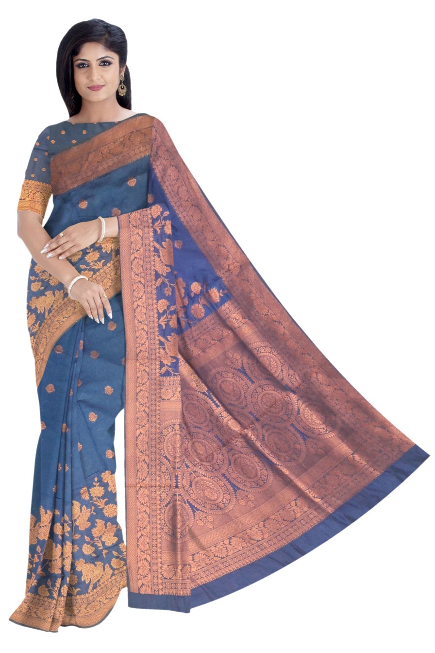 Blue Maheshwari Silk Saree (Copper Zari)
