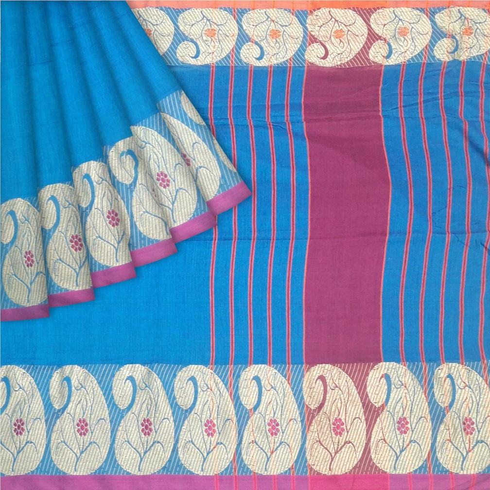 Turquoise Khadi Cotton Saree - Image 6