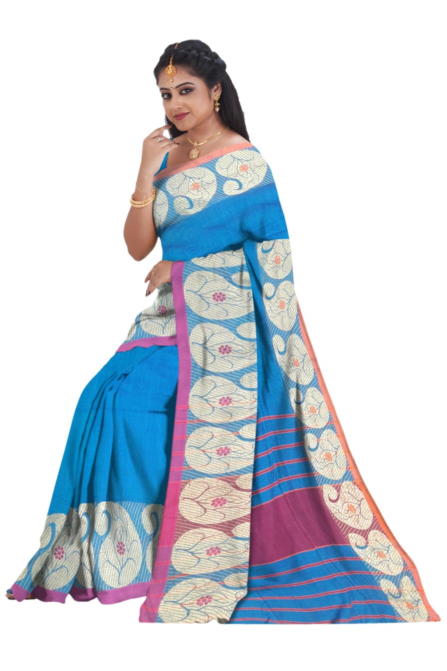 Turquoise Khadi Cotton Saree - Image 4