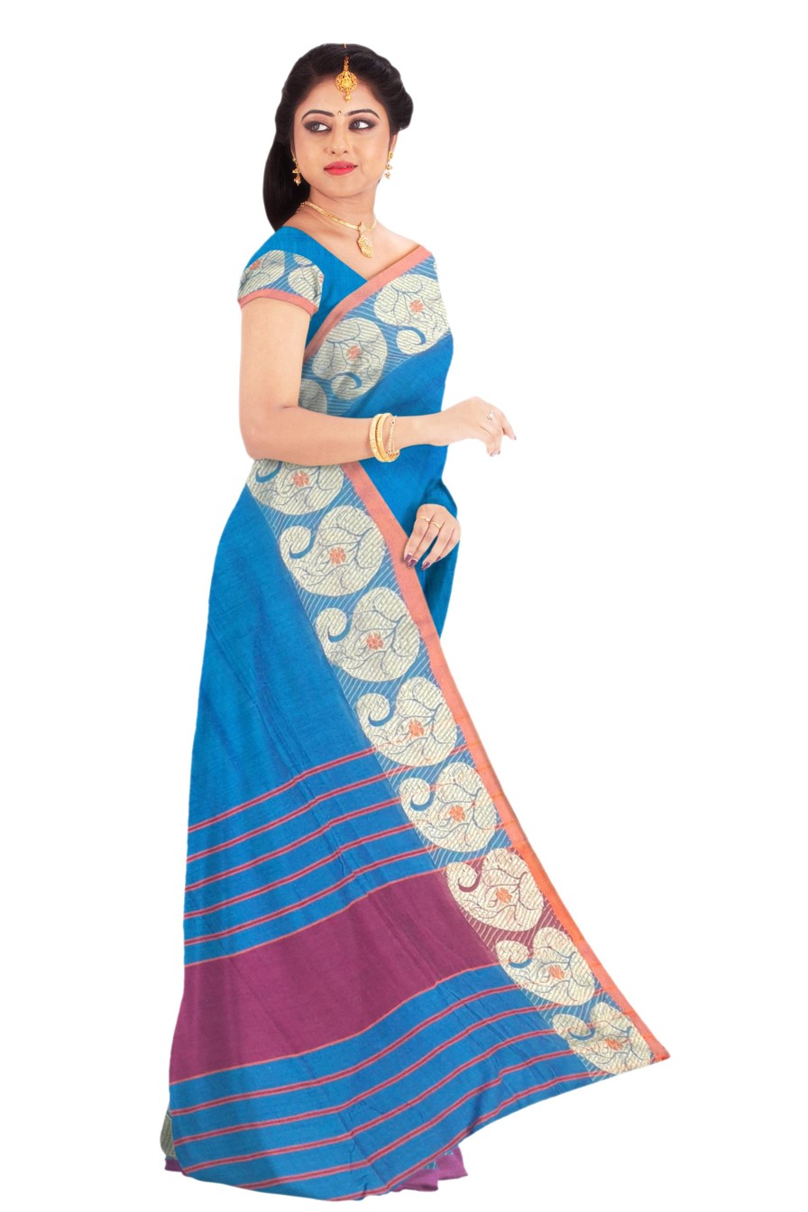 Turquoise Khadi Cotton Saree - Image 3