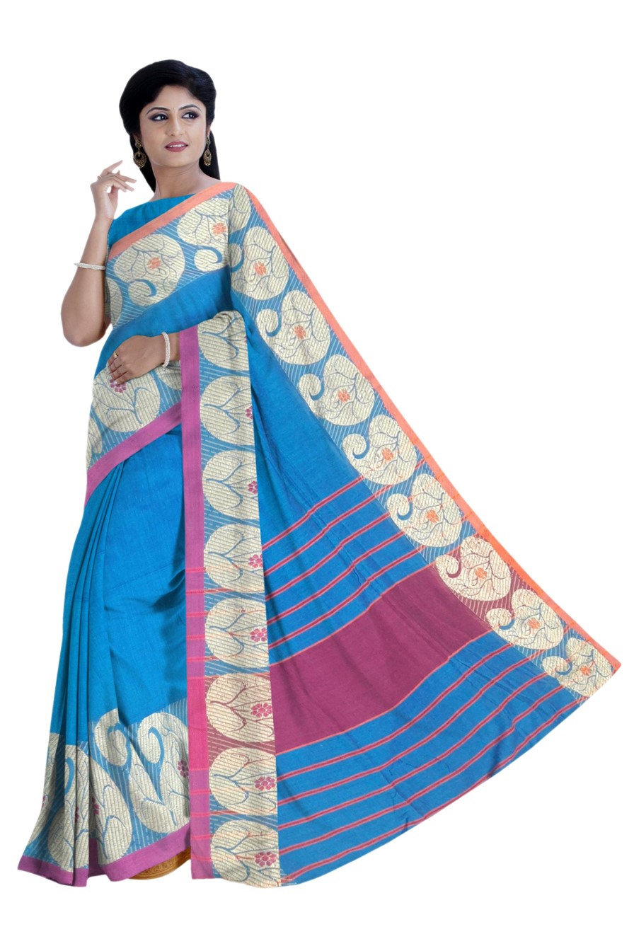 Turquoise Khadi Cotton Saree - Image 2