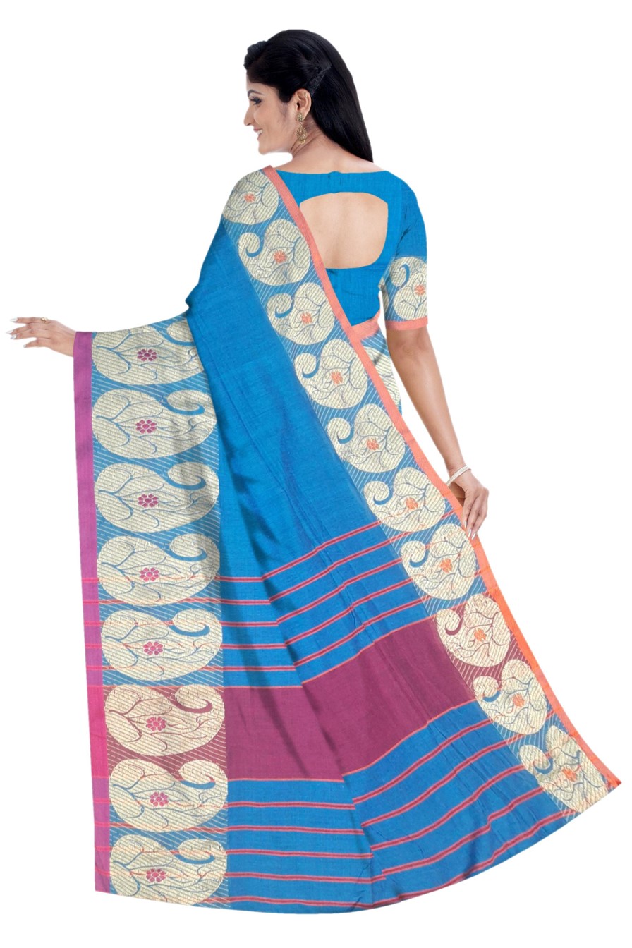 Turquoise Khadi Cotton Saree - Image 5