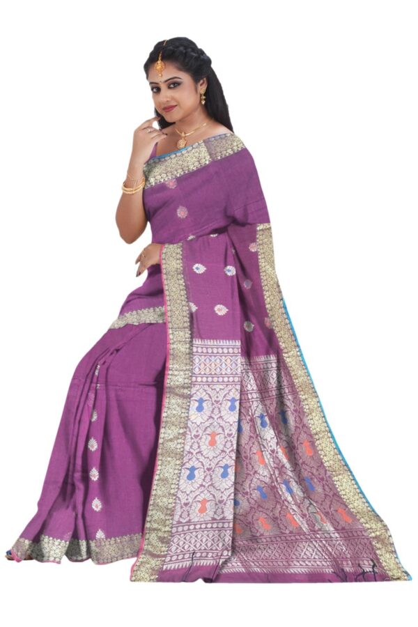 Pure Linen Benarasi Saree; Wine - Image 5
