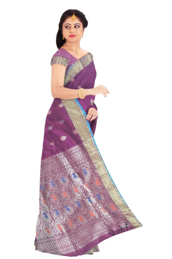 Pure Linen Benarasi Saree; Wine - Image 3