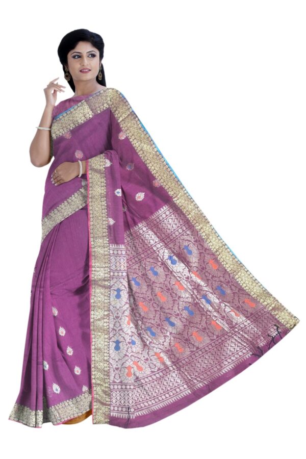 Pure Linen Benarasi Saree; Wine - Image 2