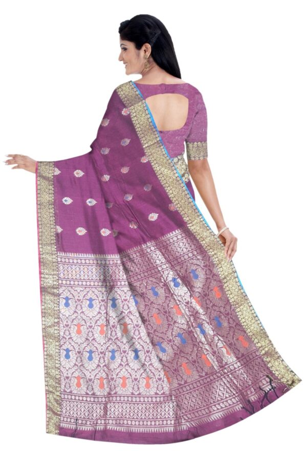 Pure Linen Benarasi Saree; Wine - Image 4