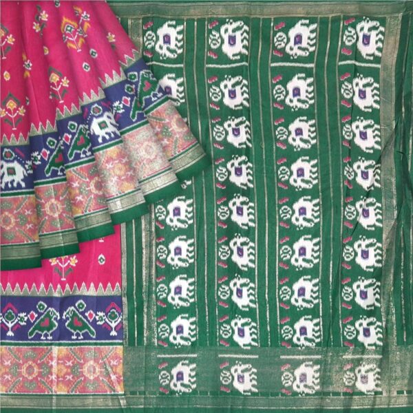 Pink & Bottle Green Silk Saree - Image 6