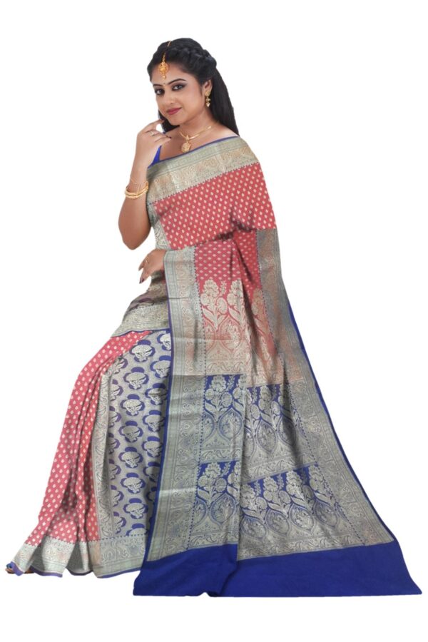Peach & Blue Silk Saree - Image 4