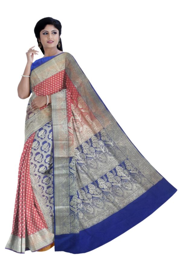 Peach & Blue Silk Saree - Image 2