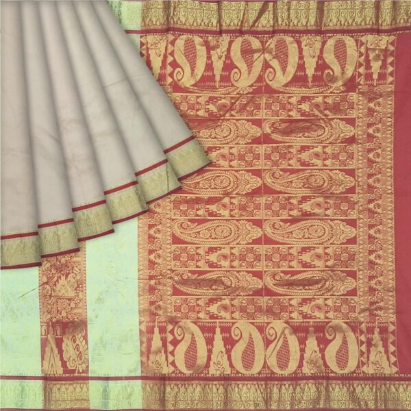Off-white & Red Half n Half Kanjivaram Silk - Image 6