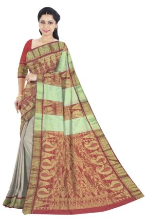 Off-white & Red Half n Half Kanjivaram Silk