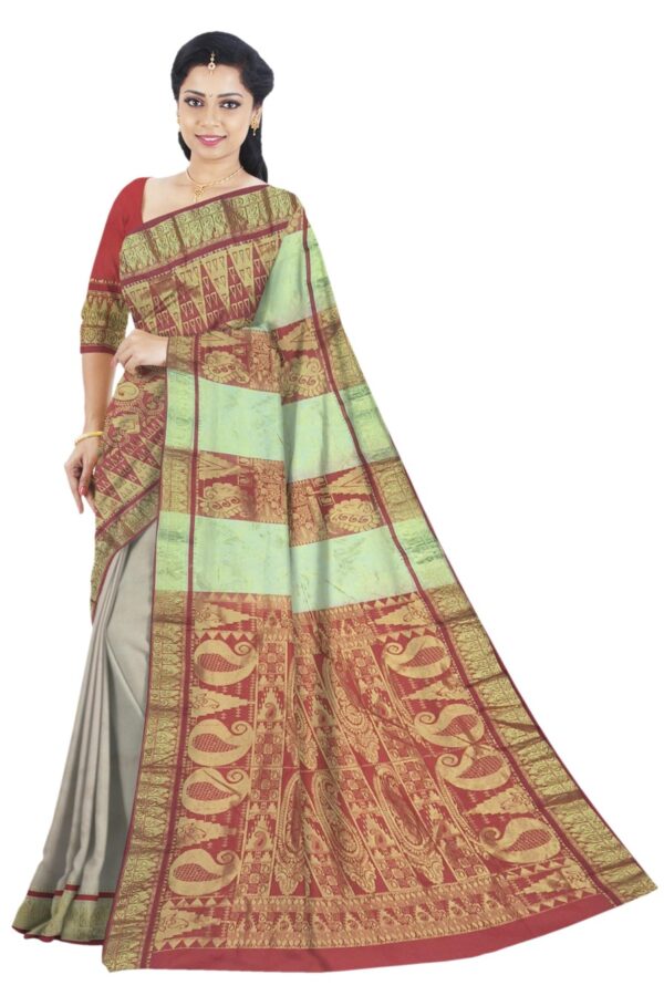 Off-white & Red Half n Half Kanjivaram Silk