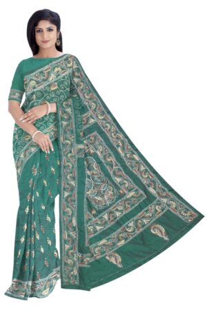 Bottle Green Silk Saree - Hand Embroidery