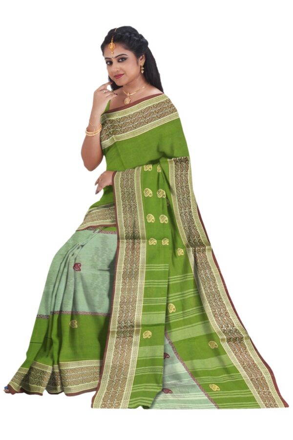 Light Green Tant Saree; Cotton - Image 4