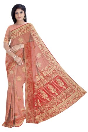 Light Peach & Red Silk Saree