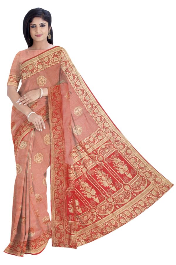 Light Peach & Red Silk Saree