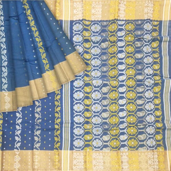 Blue & Yellow Tant Saree; Cotton - Image 6