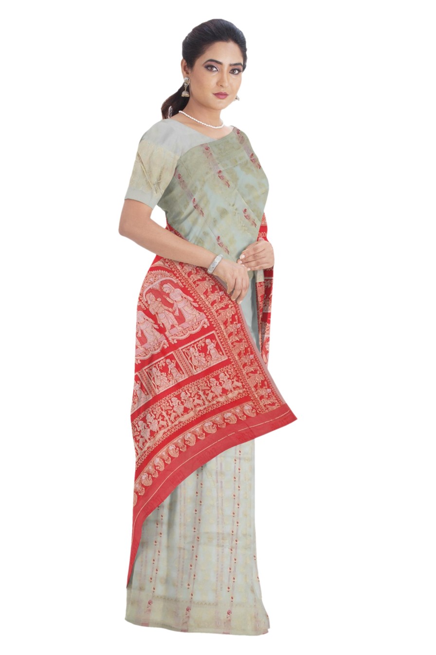 Cream White & Red Silk Saree - Image 4