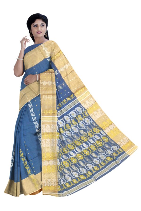 Blue & Yellow Tant Saree; Cotton - Image 2