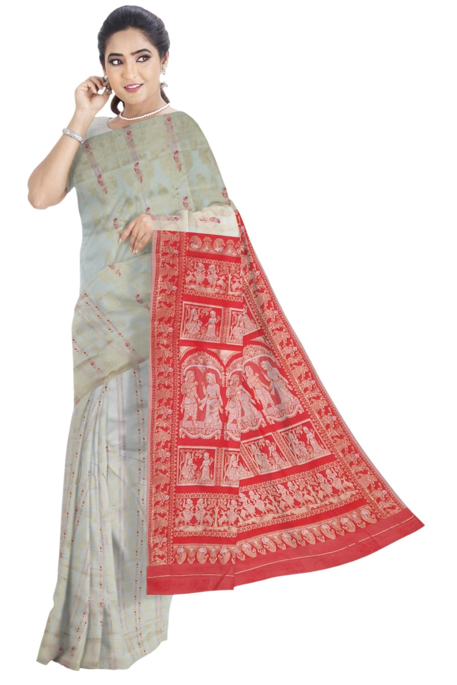 Cream White & Red Silk Saree