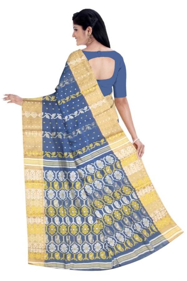 Blue & Yellow Tant Saree; Cotton - Image 5