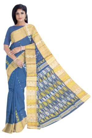 Blue & Yellow Tant Saree; Cotton