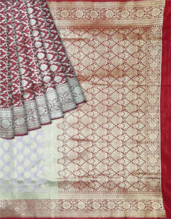 White & Red Silk Saree - Image 6