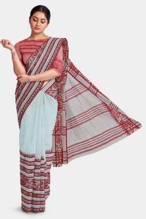 White - Red Khadi Cotton Saree
