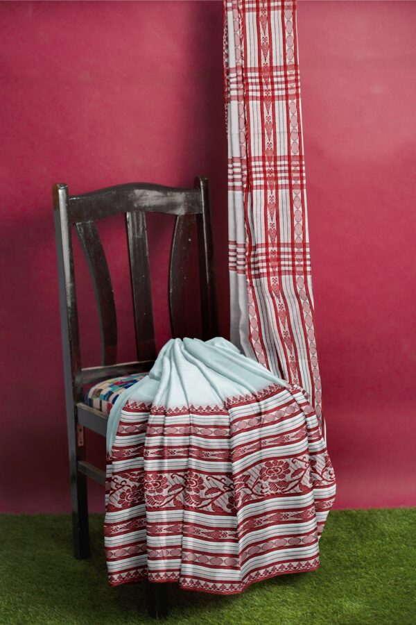 White - Red Khadi Cotton Saree - Image 3