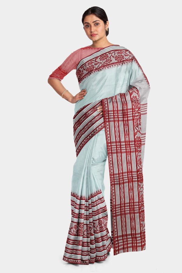 White - Red Khadi Cotton Saree - Image 2