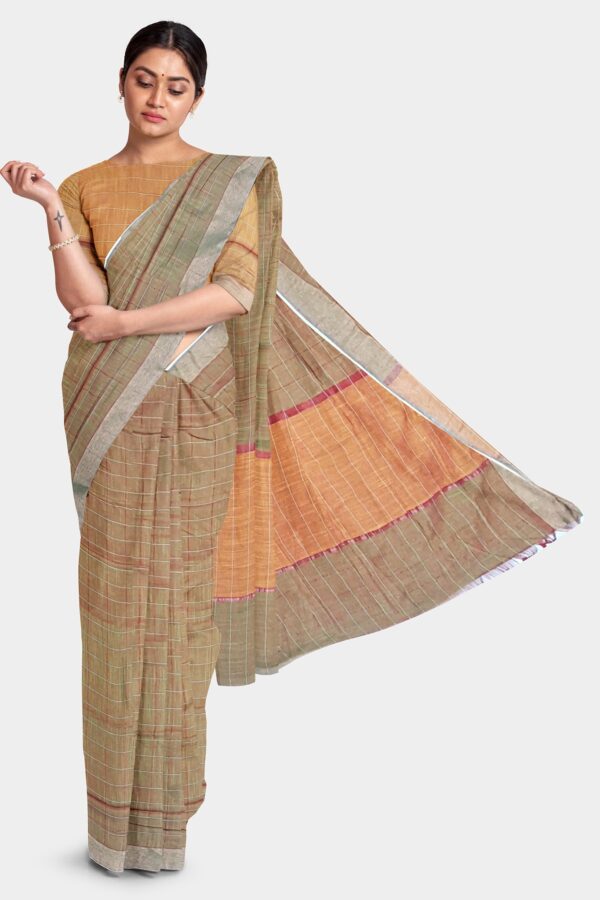 Grey & Yellow Cotton Saree - Image 2